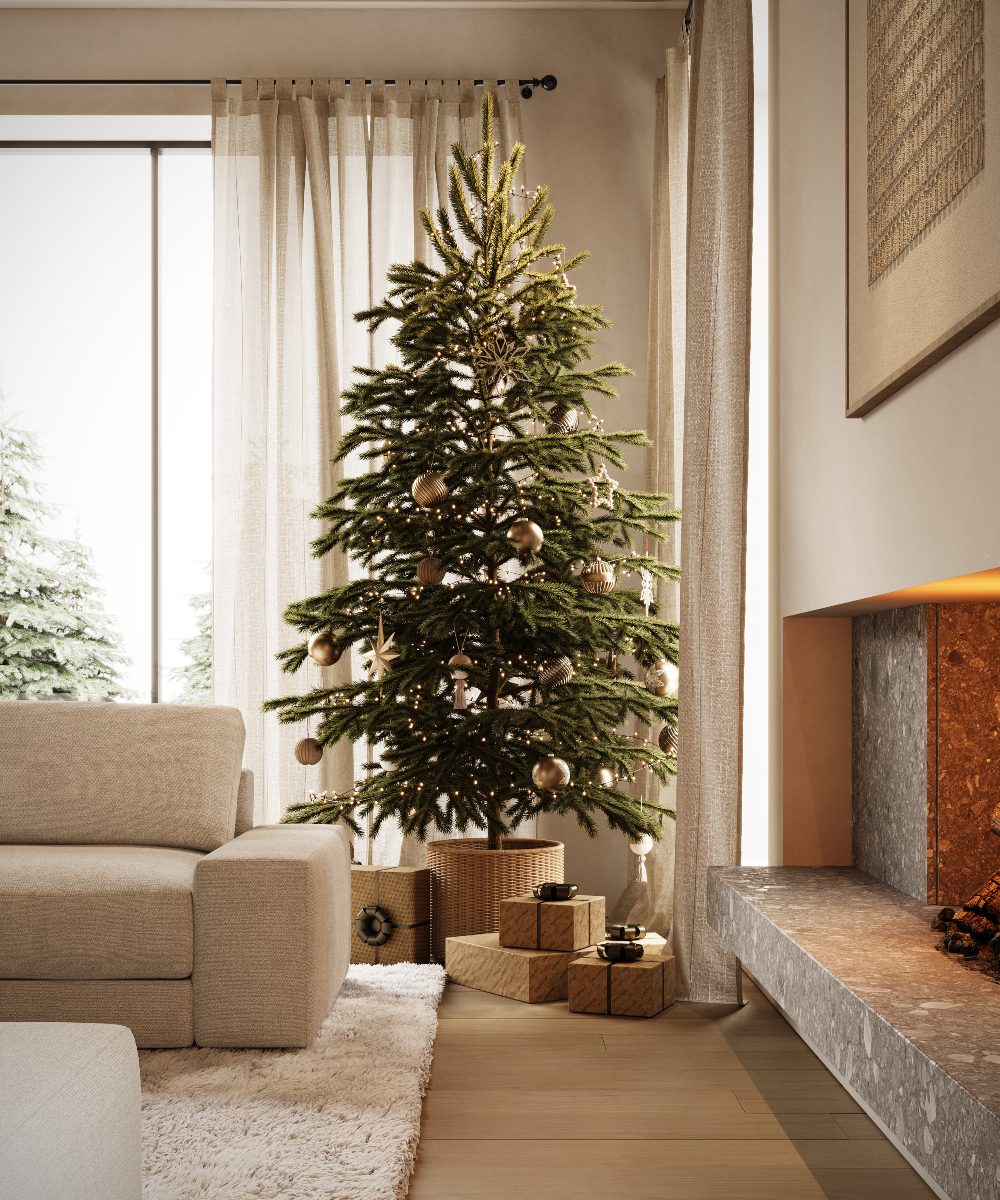 A festive living room with a beautifully adorned Christmas tree and a crackling fireplace, inviting warmth and cheer.