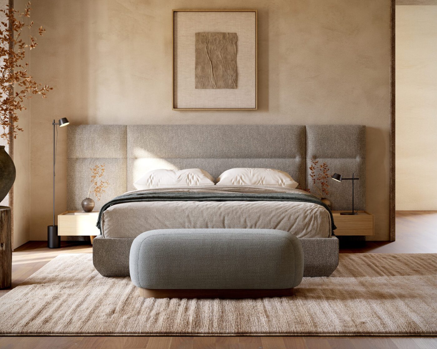 claire bench in a bedroom set A serene bedroom scene with an inviting bed, a bench and a warm lamp casting light across the room.