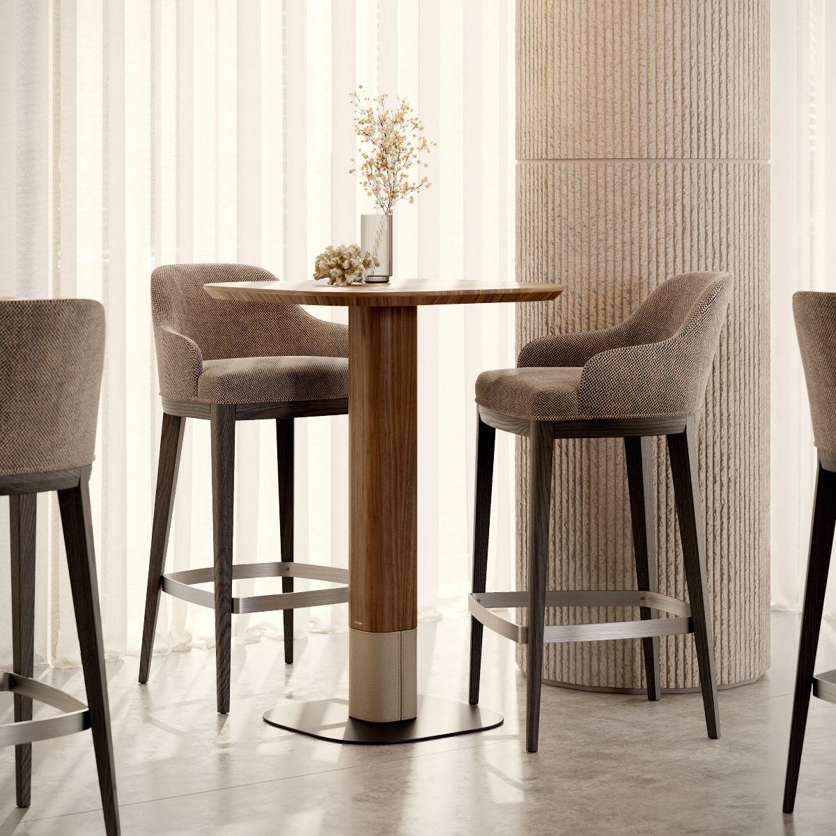 contract furniture anna bar chair A bar setting featuring two bar chairs and a bar table, creating an inviting space for conversation. Custom-made furniture options.