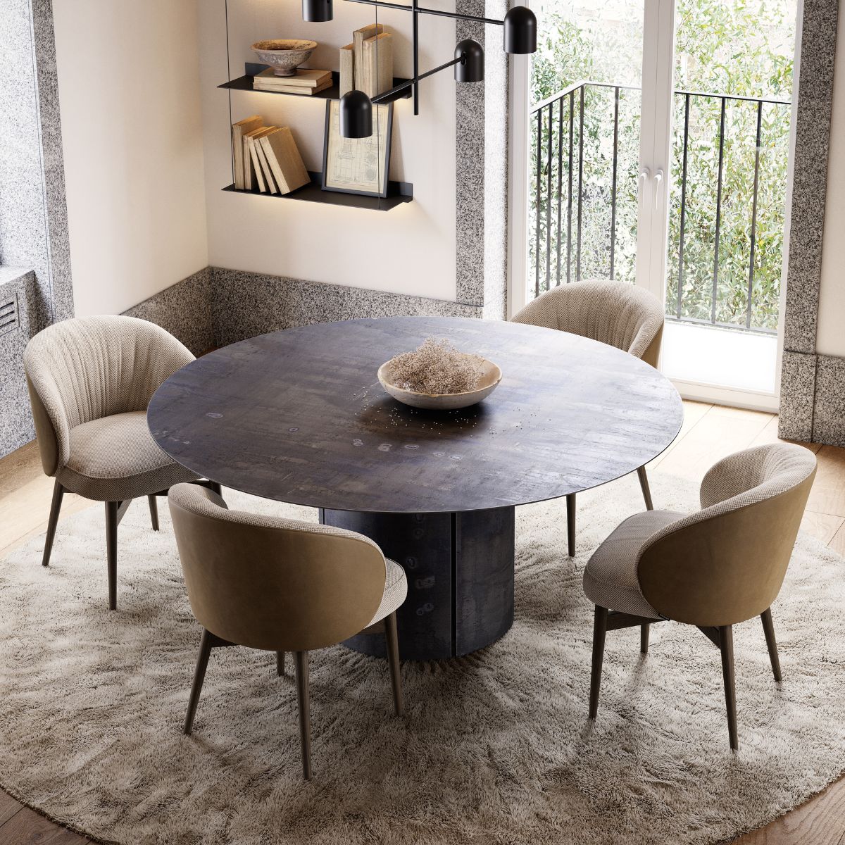 danish interior design (7) Modern dining room with a round, dark wood table and four beige upholstered chairs on a plush rug. Shelves with books and decor, bright natural light. Danish interior design
