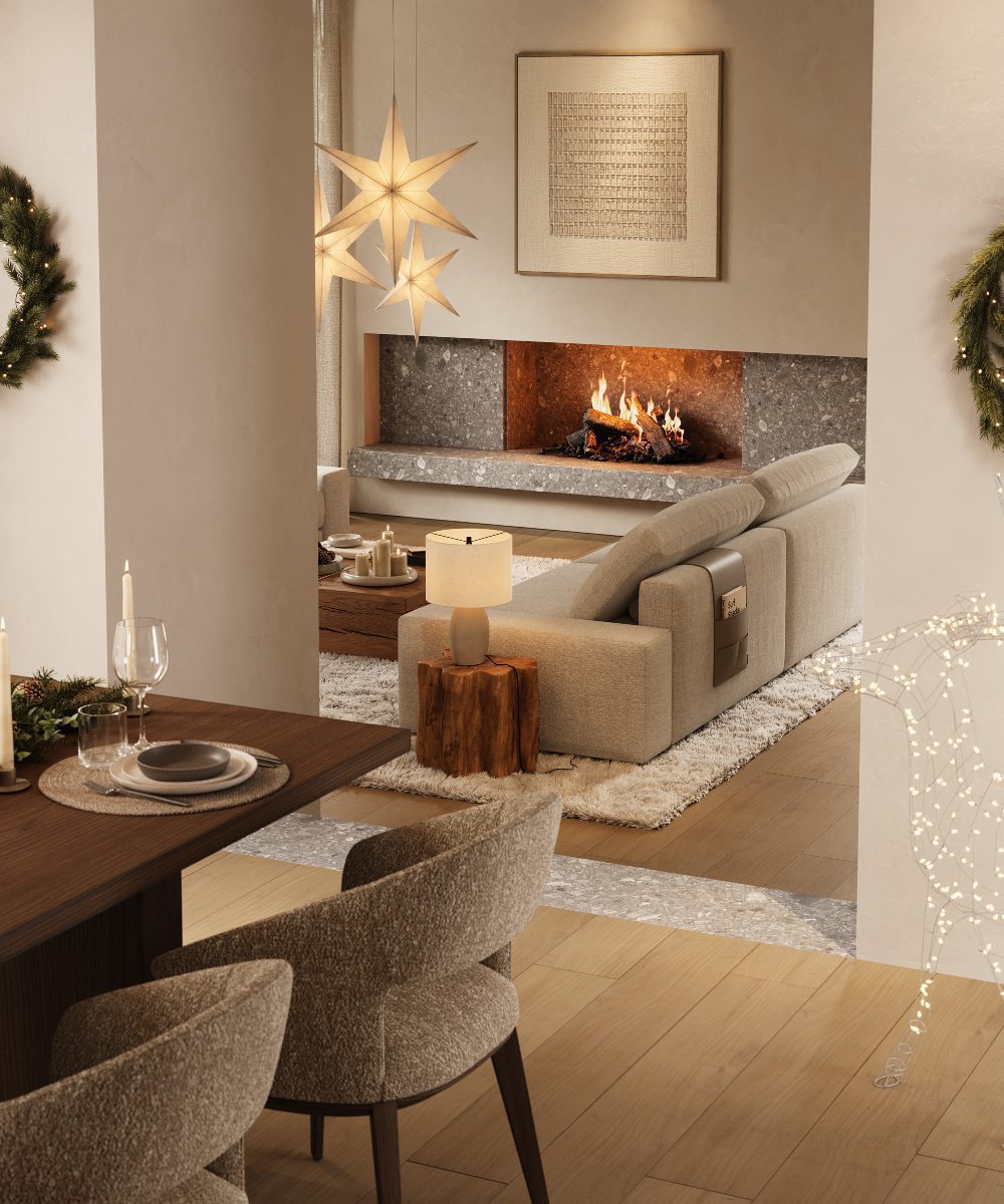 A bright dining room with a stylish table and six matching dining chairs, ready for a christmas meal