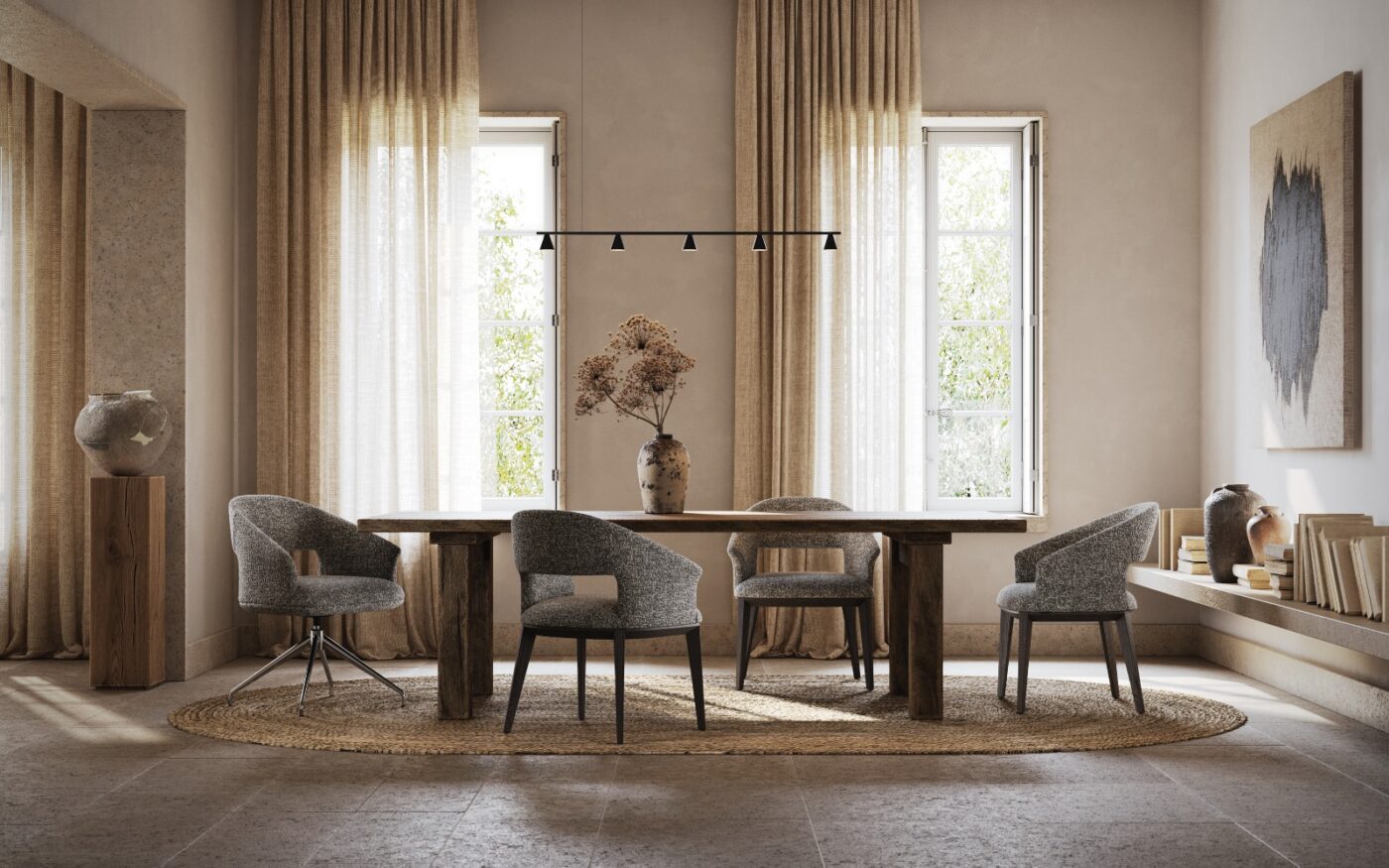 dining chair with jermain chair (1) A bright dining room showcasing a sleek table and comfortable chairs, inviting for meals and conversations.