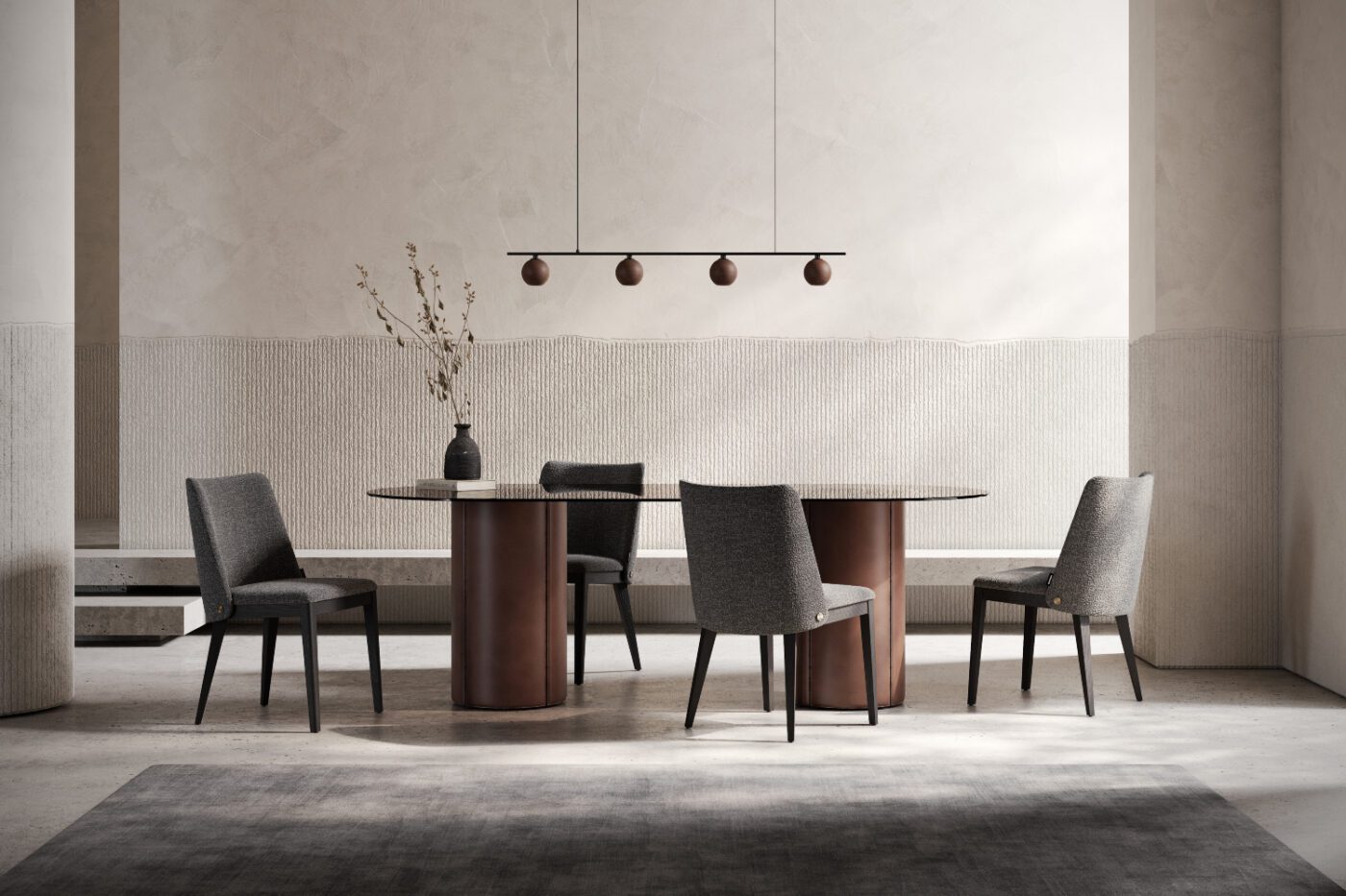 dining room set with mano dining table and louise dining chair A dining table set with dining chairs and a decorative vase in the centre, creating an inviting dining atmosphere. Room by room pairings.
