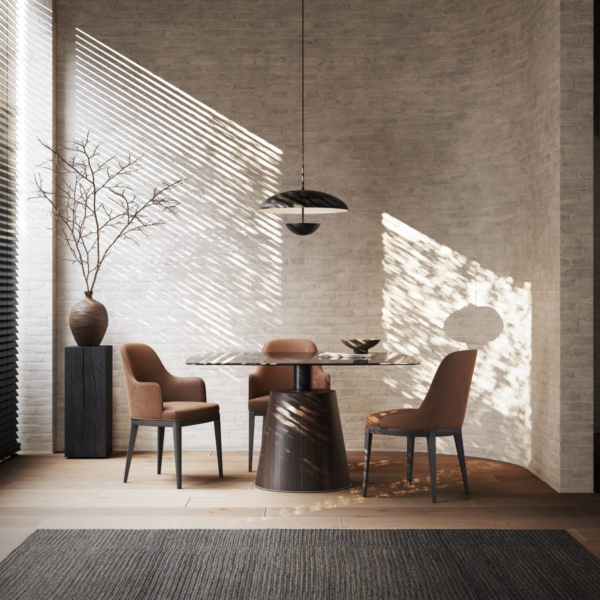 dining room with anna chair and panton Stylish modern dining area with a dining table in glass and inviting dining chairs, creating a warm atmosphere for dining. With the 70s colour trends on the dining chairs and rug.