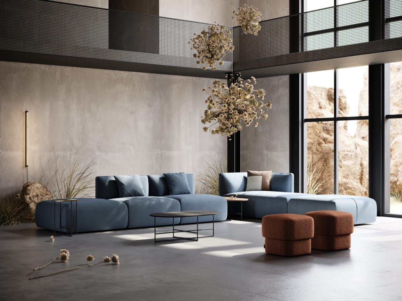 disruption sofa 2022 Modern living room with a modular sofa in blue and two poufs in brick tones.