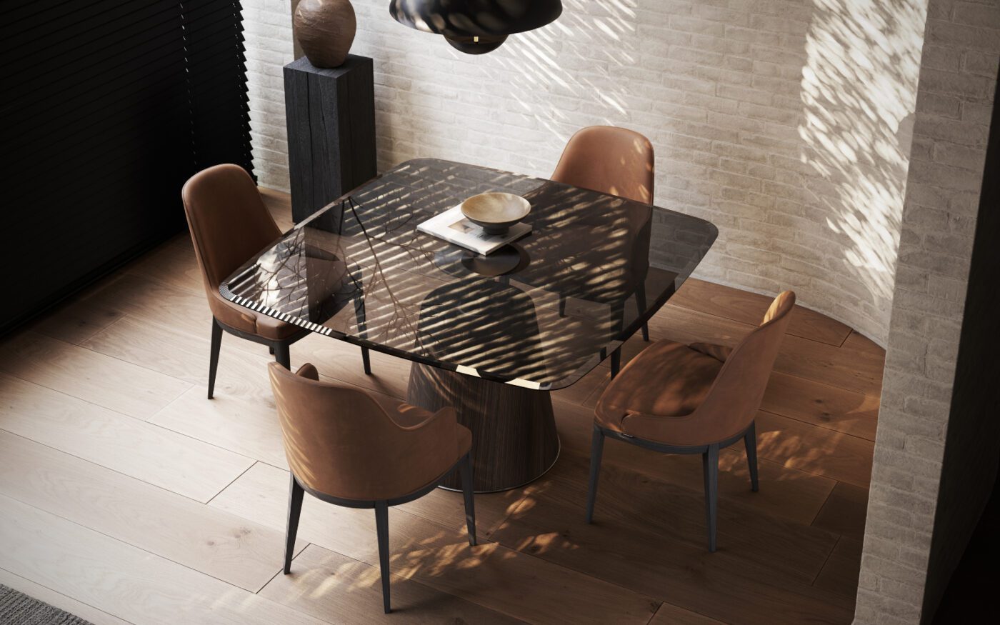 dning room with panton dining table and anna chair A minimalist dining rooms featuring a dining table and chairs in a well-lit room, ready for shared meals and conversations.