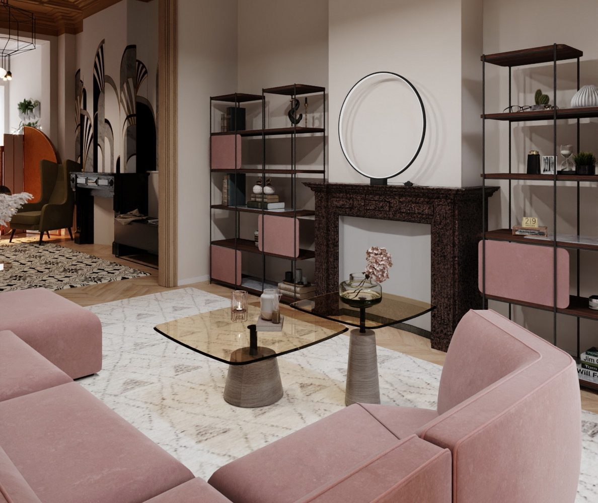 domkapa at isabel gomez studio project (1) A modern home decor with an inviting living room showcasing pink furniture alongside a fireplace, enhancing the room's comfort and aesthetic.