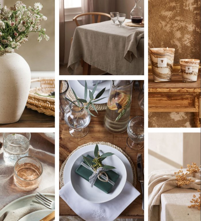 Earthy Tones Table setting essentials in earthy tones - Glassware, plates, candles and jars.