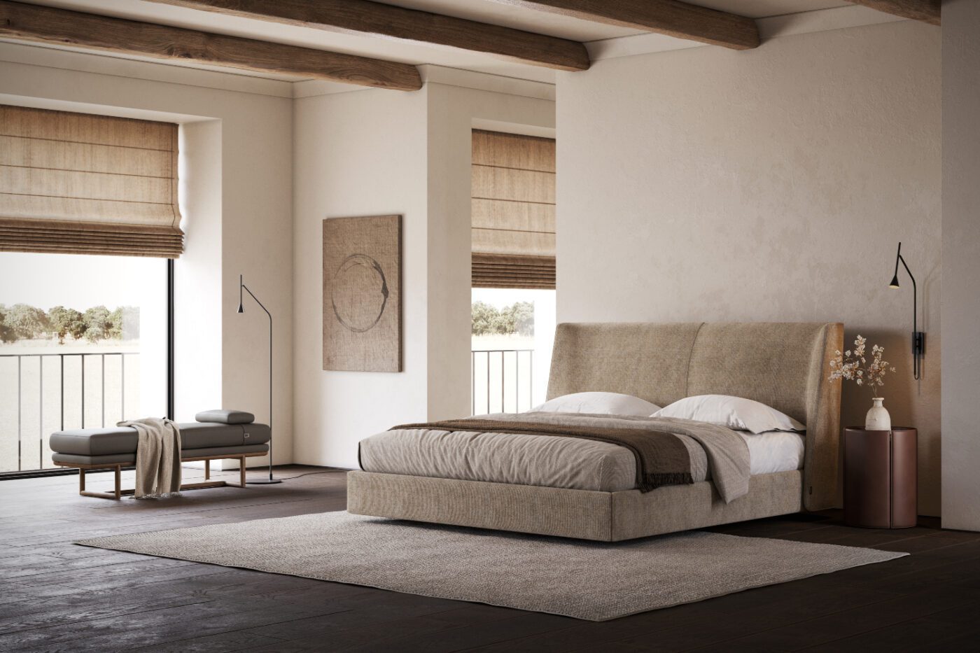 echo bed and henry bench in a neutral bedroom set Acoustic & Sound-Absorbing Furniture Solutions in a bedroom with an upholstered bed and bench.