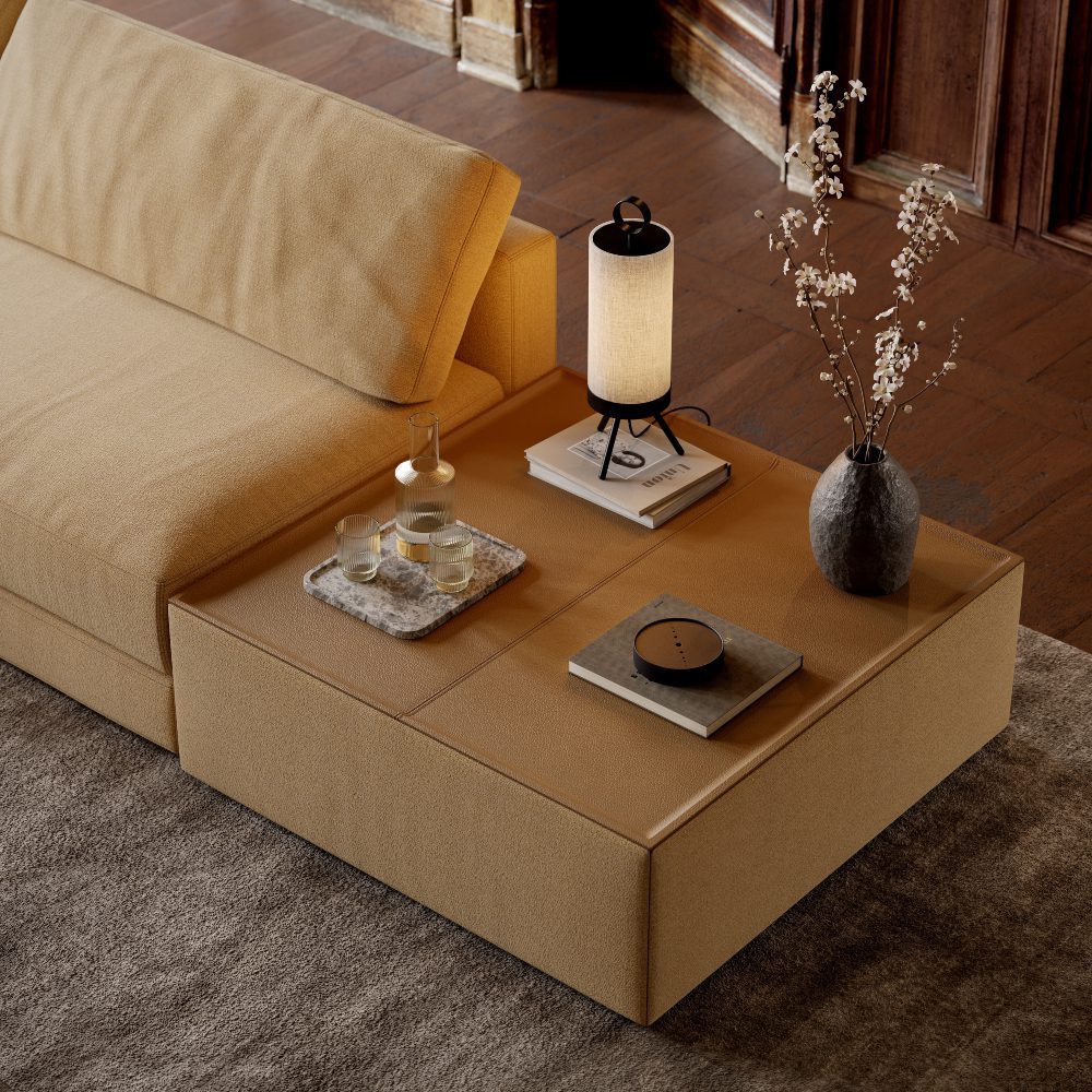 edward coffee table styling A modern sofa featuring a coffee table and a lamp, designed to complement the living area’s decor.