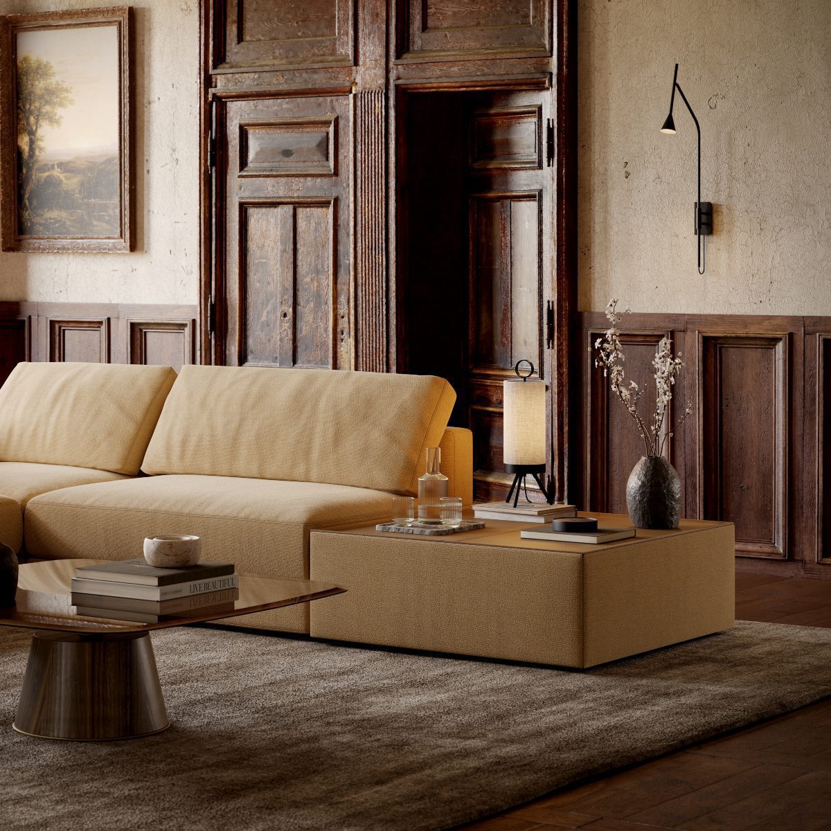 A bright living room with a comfortable modular sofa, a stylish side table and a lamp, perfect for relaxation.