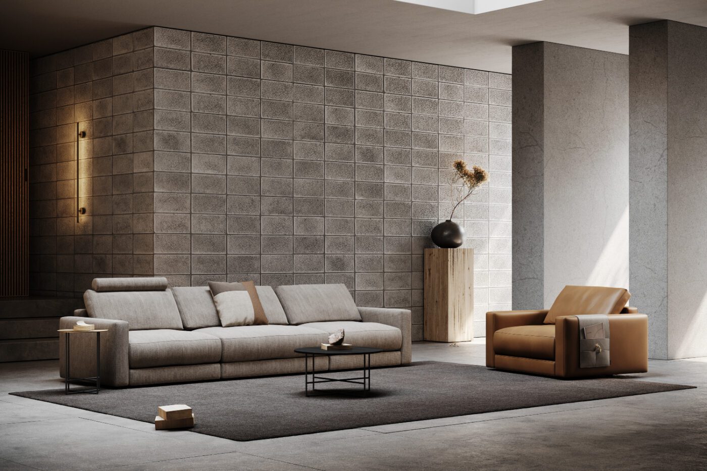 edward sofa modules in a living room set A modern living room featuring a beige modular sofa and an armchair module, with contemporary decor and natural light streaming in.
