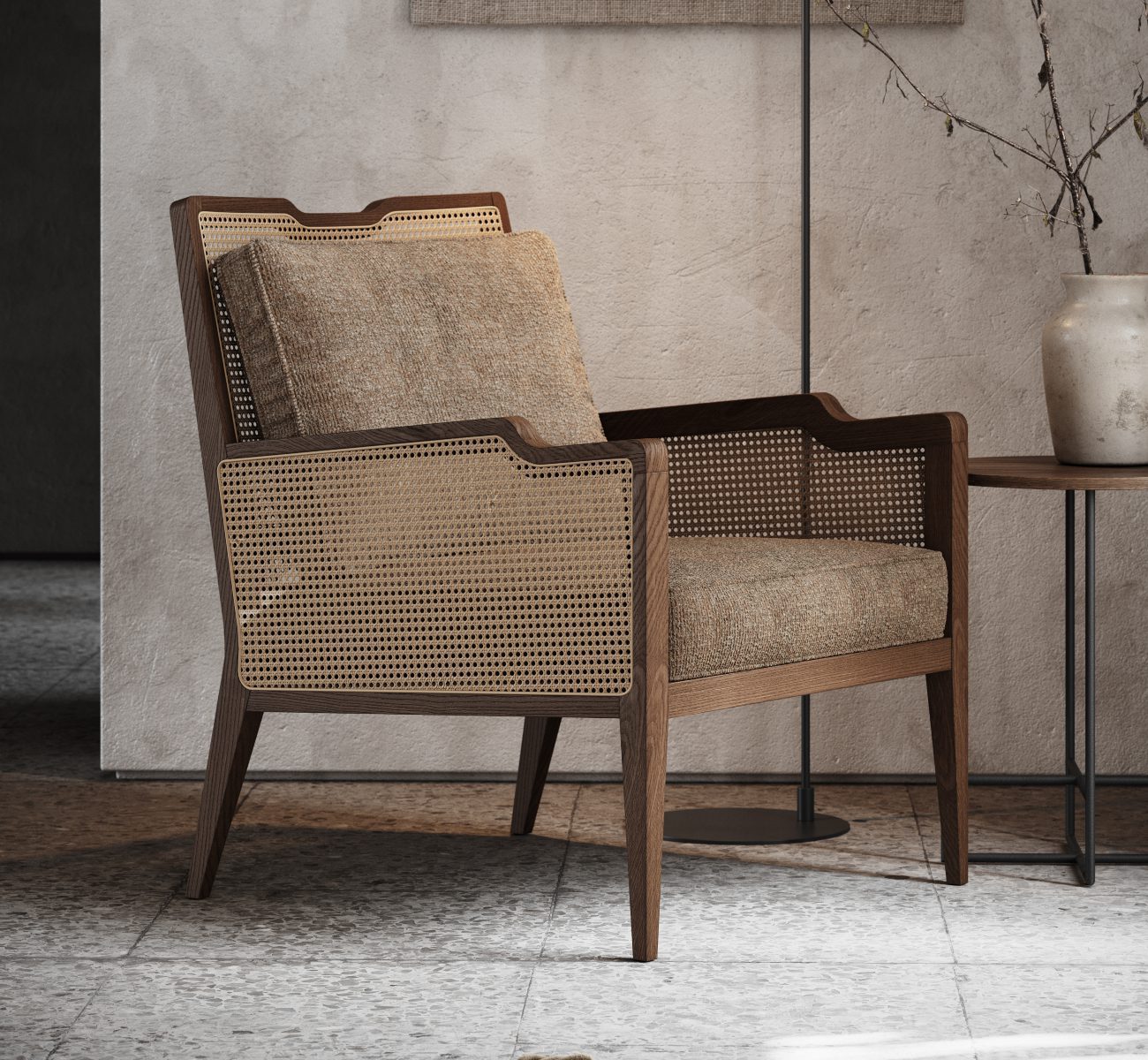 eva armchair - eva family An armchair in wood and rattan and a table set before a wall, illustrating a straightforward and functional interior design.