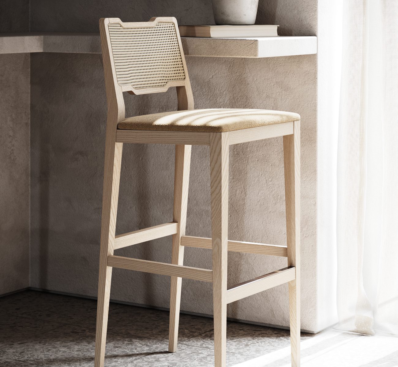 eva bar chair - eva family A room showcasing a wooden stool alongside a vibrant painting, enhancing the space's aesthetic appeal.