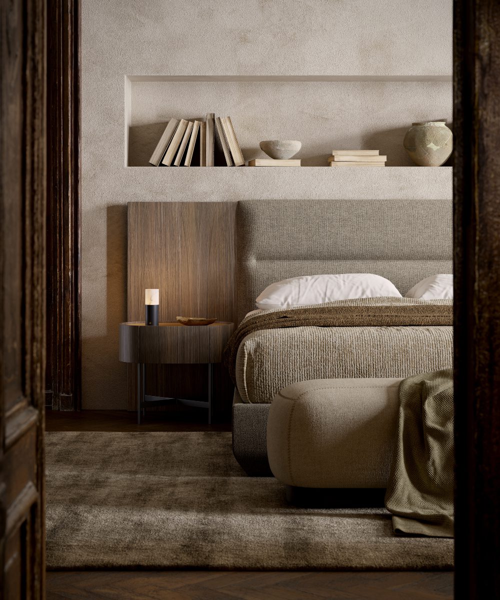 francis bed and adeline bedside table A simple feng shuit bedroom showcasing a bed, a bench, and a well-stocked bookshelf.