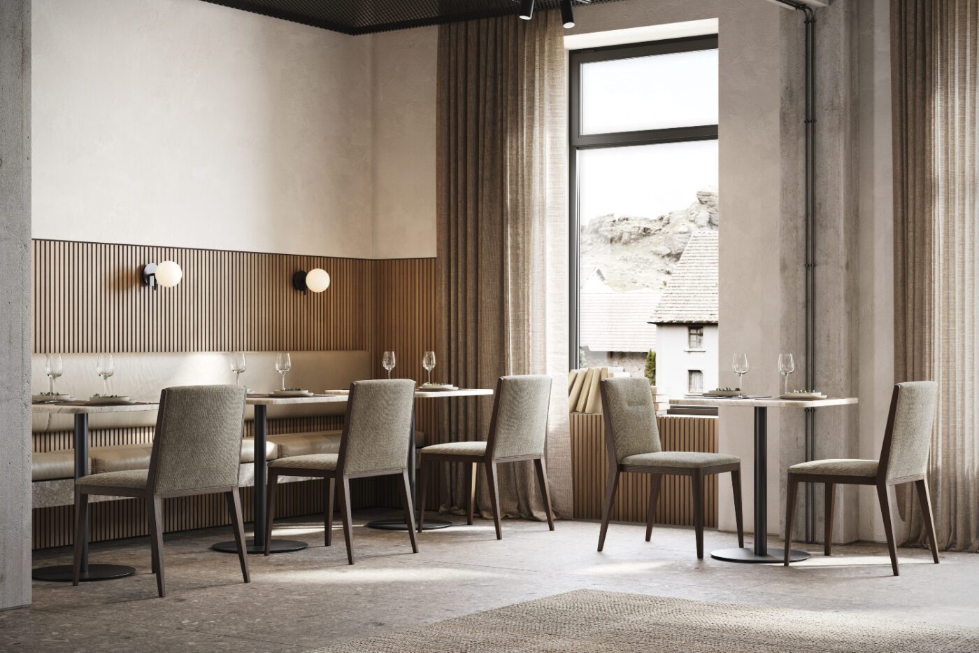 frank dining chair restaurant space Inside a restaurant, tables and chairs are set up in front of a window, creating a bright and inviting dining atmosphere.