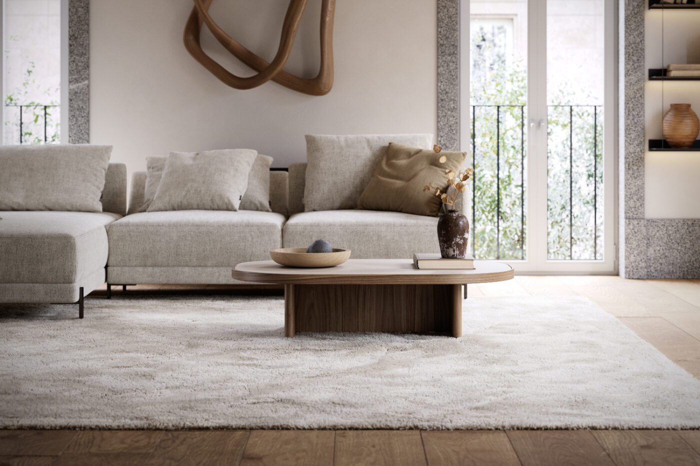 gilbert coffee table in a living space A bright living room showcasing a white sofa and a wooden gilbert coffee table, designed for relaxation and socialising.