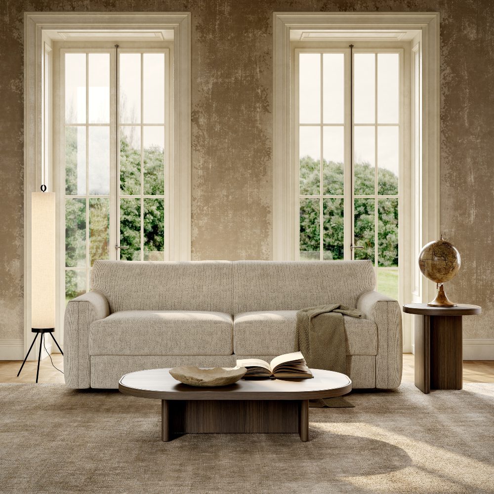 gilbert coffee table with jacques A bright living room with a comfortable sofa bed, a coffee table, and two windows enhancing the space's openness.