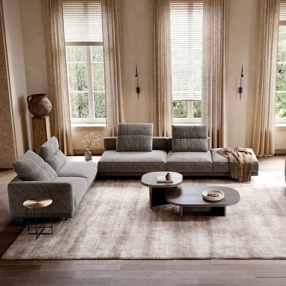 gilbert coffee tables in the centre of a living room A cosy living room featuring a modular sofa, Gilbert coffee tables and a side table, creating a welcoming atmosphere.