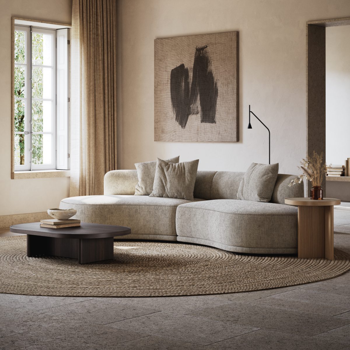 gilbert side table next to olivia sofa Bright living room showcasing a large modular sofa and gilbert coffee and side table, perfect for relaxation and gatherings.