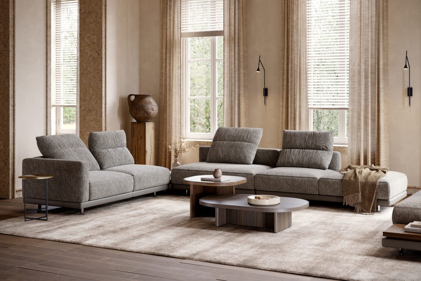 gilbert table set in a living room A modern living room showcasing a modular sofa and the Gilbert Table Set, designed for comfort and socialising.