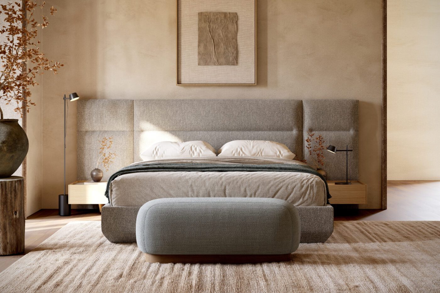 horizontal lines and francis modular bed A comfortable modular bed with a decorative headboard and a bench, enhancing the bedroom's aesthetic. The headboard has horizontal lines.