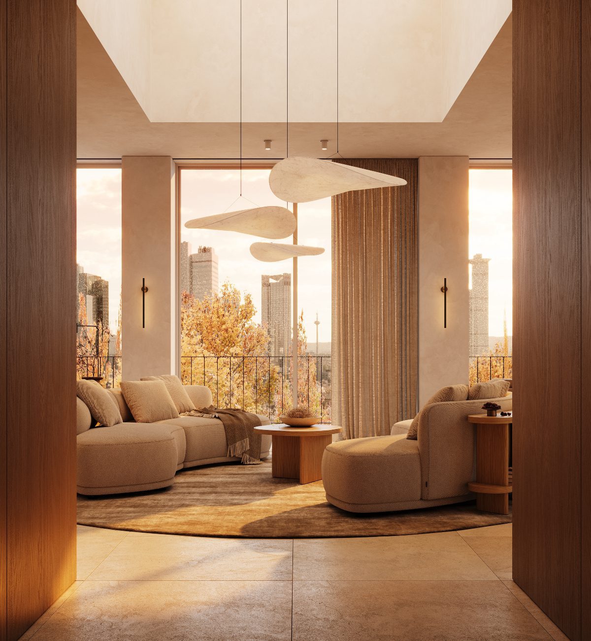 hotel lobby with olivia sofa and gilbert set Bright hotel lobby with a spacious window and a plush sofa, creating an inviting atmosphere for gatherings. Negative Space