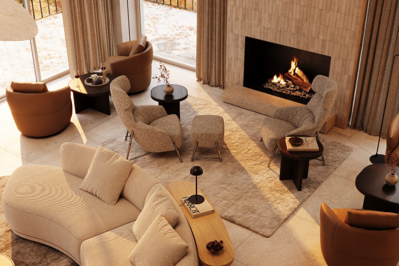 A modern living room showcasing a fireplace, two elegant armchairs, and a serene ambiance for comfort and relaxation. Autumn trends