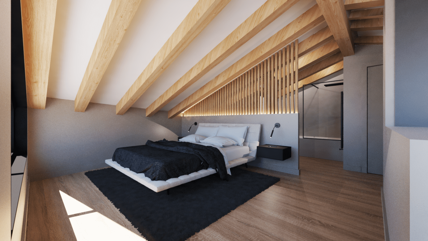 imgi_7_24-1 A cosy bedroom featuring a bed and a warm wooden ceiling, creating a serene and inviting atmosphere.