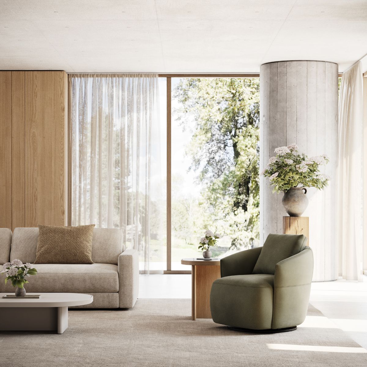Modern living room with large windows and sheer curtains, featuring a beige sofa, green armchair, and potted plants. Minimalist design and tranquil ambiance.