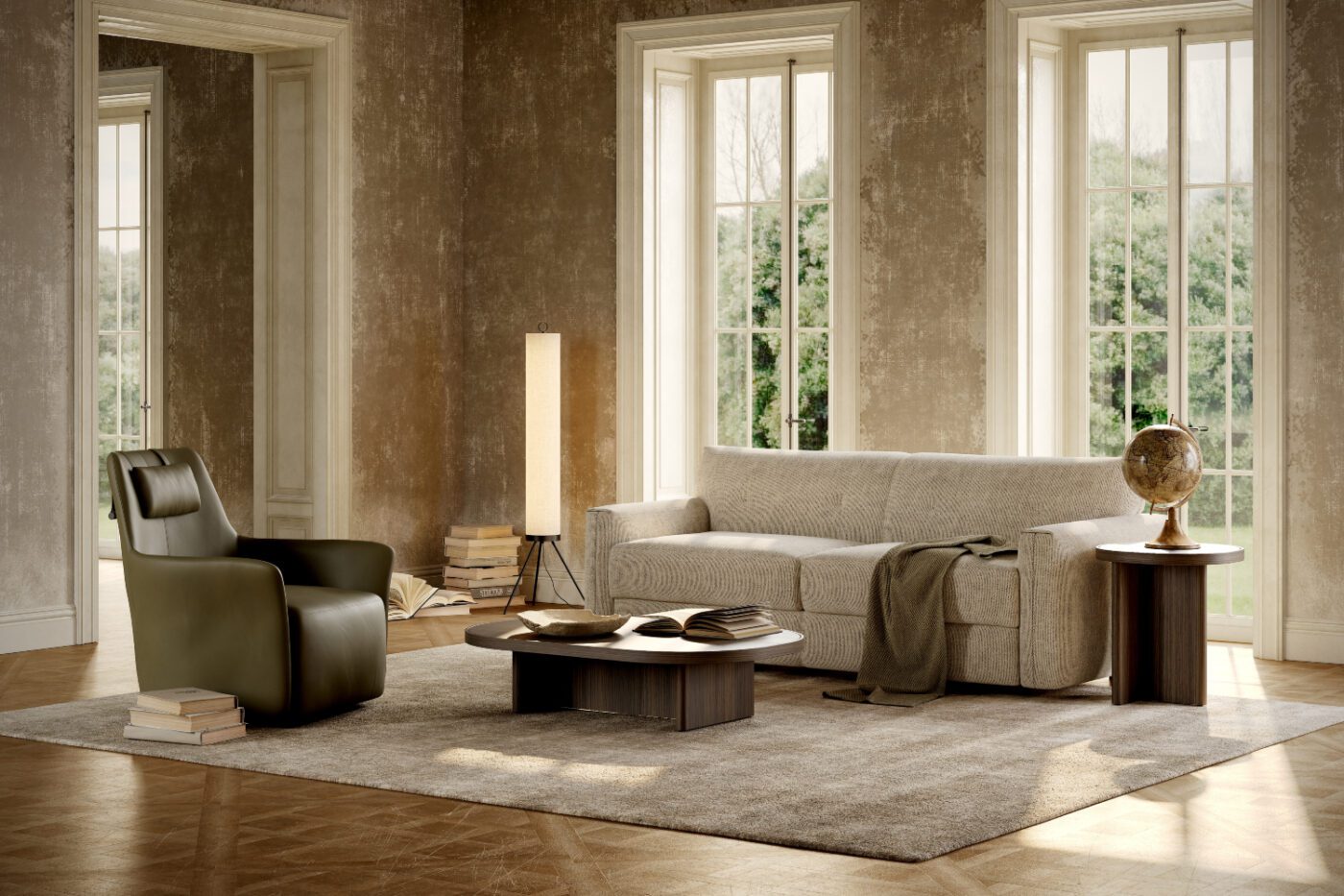 jacques sofa bed and alexander armchairs in olive green