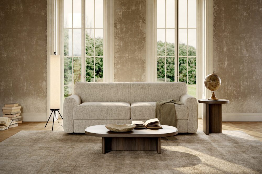 jacques sofa bed closed A bright living room showcasing a sofa bed, coffee table and lamp, designed for comfort and casual socialising.