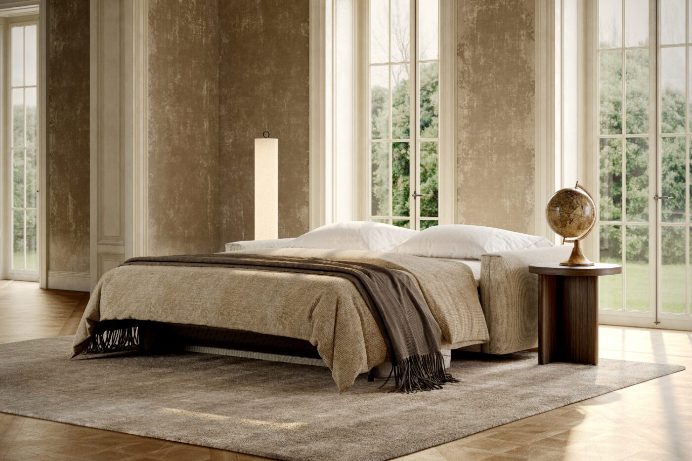 jacques sofa bed next to gilbert side table A well-lit room with a bed, a large window, and a soft rug, creating a warm and inviting atmosphere.