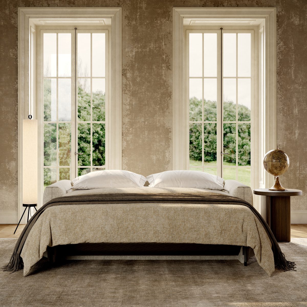 A simple sofa bed featuring a soft blanket, creating a warm and inviting atmosphere. Trendy or timeless. Dual-purpose furniture