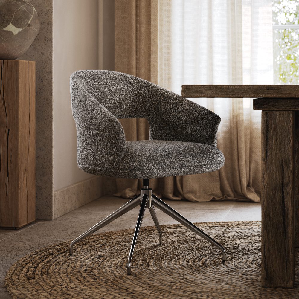 A chair with a soft grey fabric seat, suitable for various interior designs and providing comfortable seating. Suited for home office.