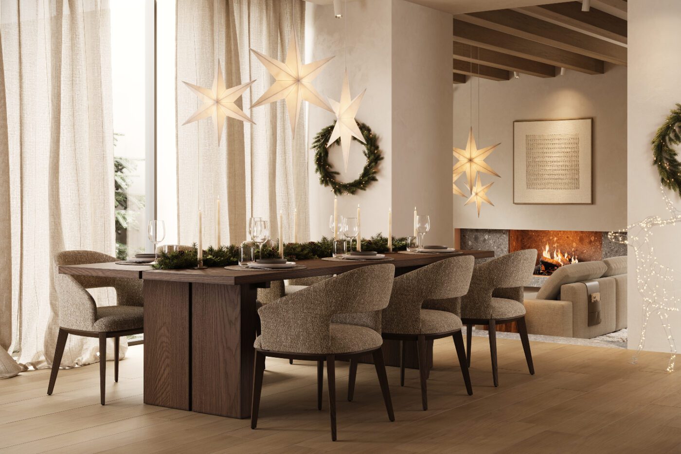 A dining room adorned with a star-shaped decoration, adding a unique touch to the overall decor and atmosphere. Christmas themed
