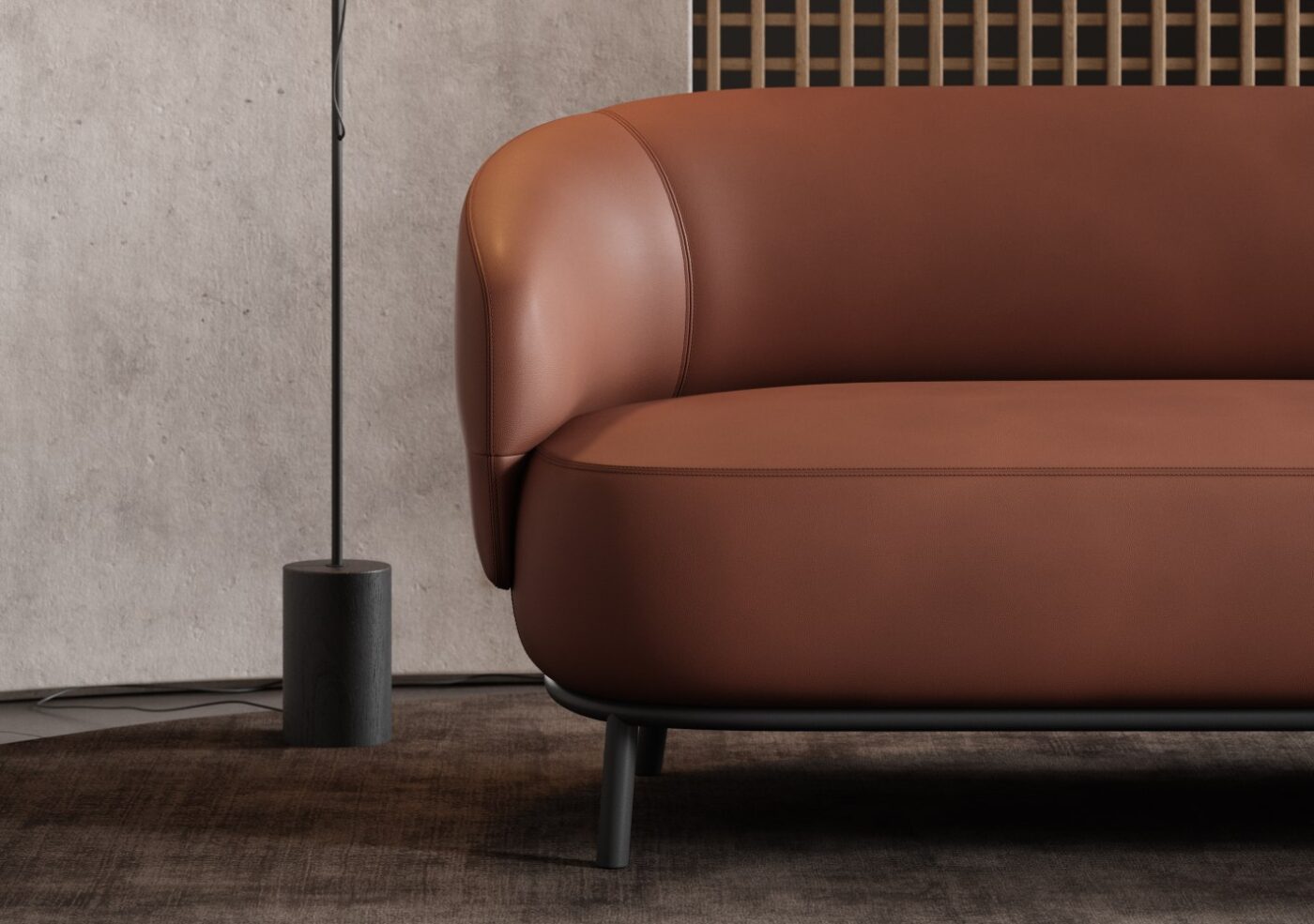 juliet sofa by domkapa A contemporary sofa featuring a sleek design with a red leather upholstered seat, perfect for modern living spaces. From the Juliet Sofa and armchair colection.