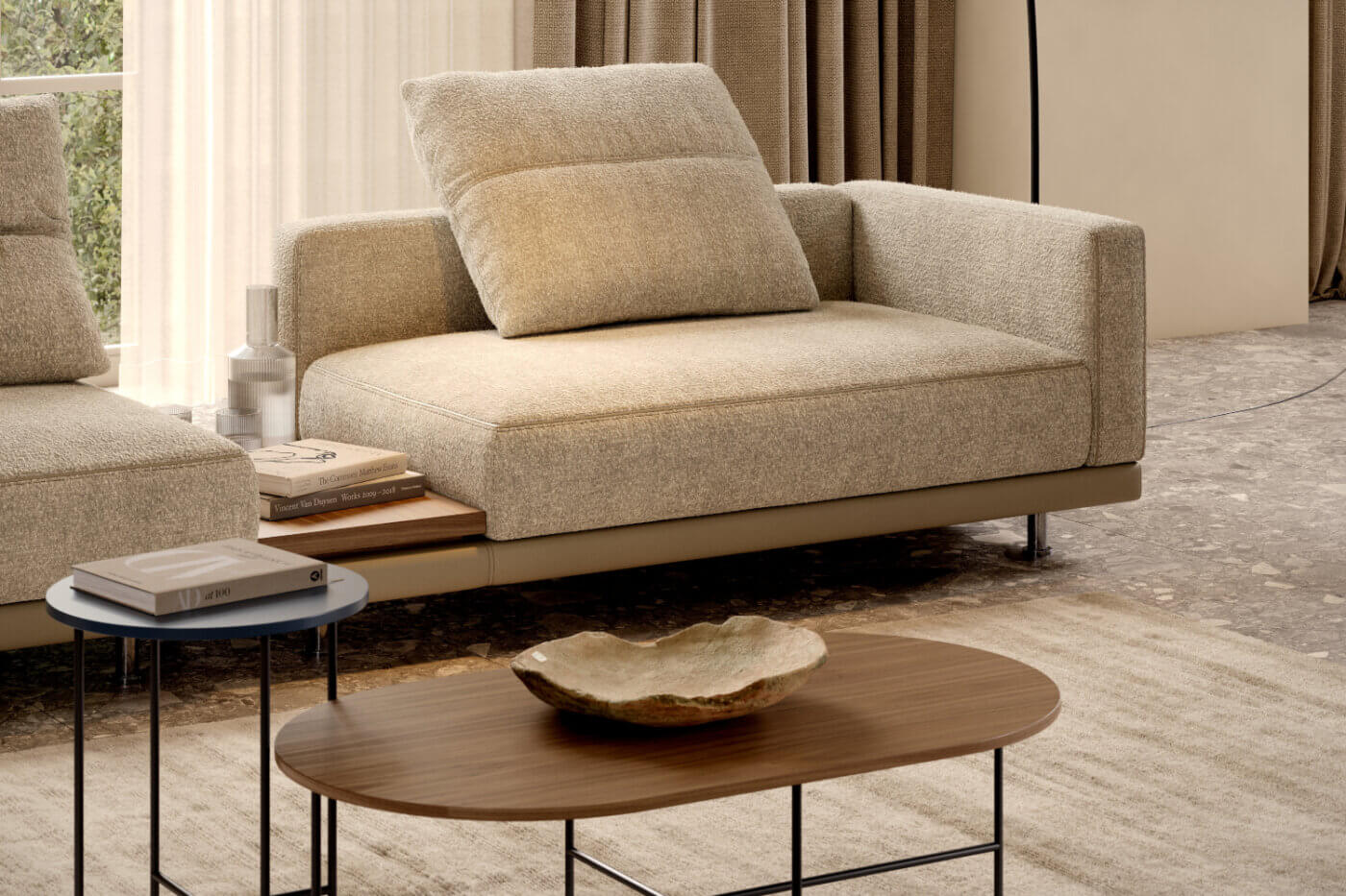 A contemporary living room with a comfortable modular sofa, a sleek coffee table, and a lamp, designed for relaxation.