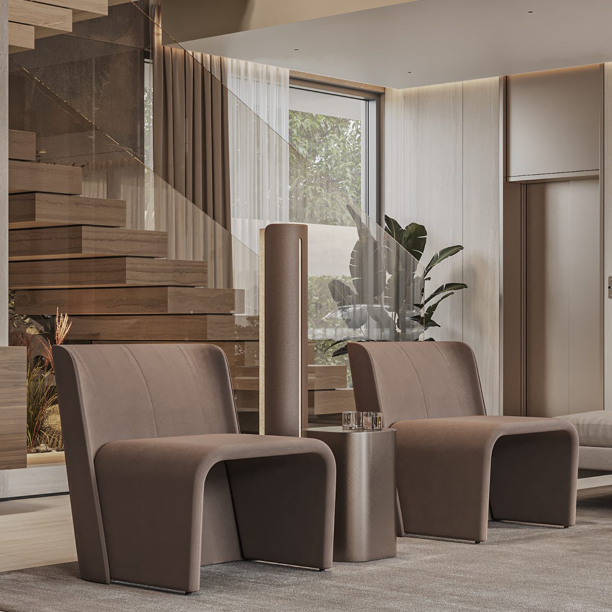 legacyy armchair in leqb project Design Stories: Stylish modern living room showcasing a large wooden wall, complemented by elegant furnishings and ample natural light.