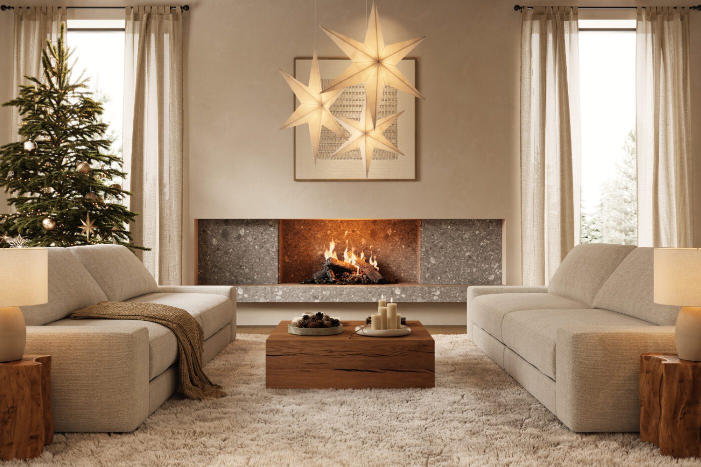 A stylish living room with a fireplace and a modular sofa, perfect for gatherings and cosy evenings. Christmas themed