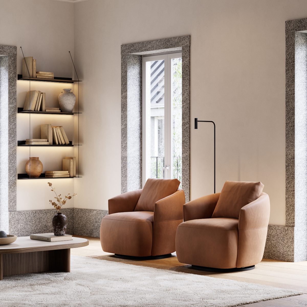 living room corner with alice A contemporary living room showcasing two armchairs and a coffee table as the focal point. Café core