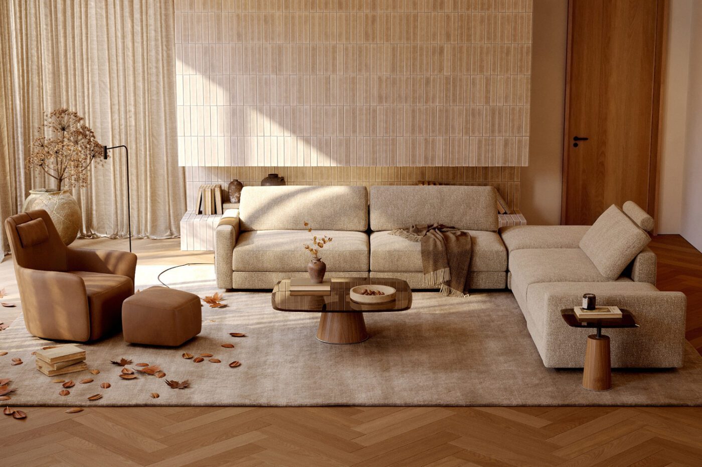 living room with alexander and edward´ A living room scene showcasing a modular sofa, an armchair, and a table, creating an inviting atmosphere for gatherings. Café core