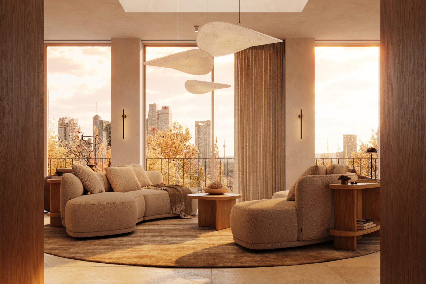A cosy living room with a large window allowing sunlight to illuminate a stylish sofa. Autumn trends