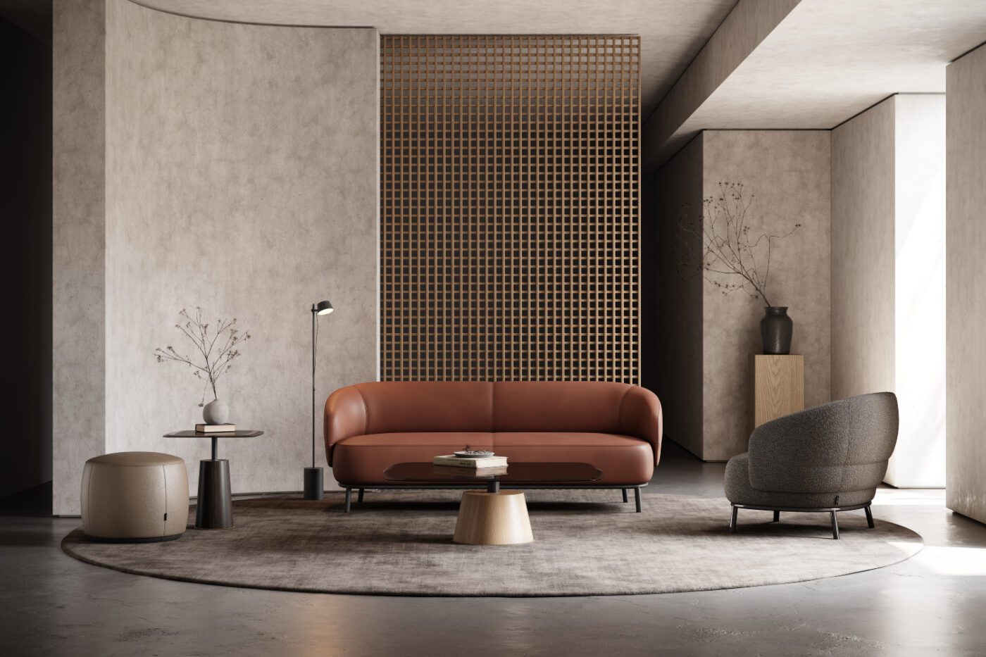 living room with broken lines Contemporary living room showcasing a round table and an armchair, creating a cosy seating area.