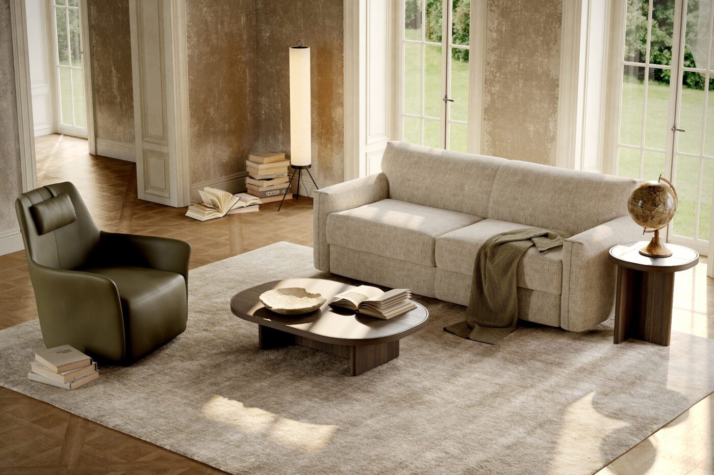 living room with jacques sofa bed, alexander armchair and gilbert table set A warm living room scene with a sofa bed, chair, table, lamp, and a window showcasing outdoor views.