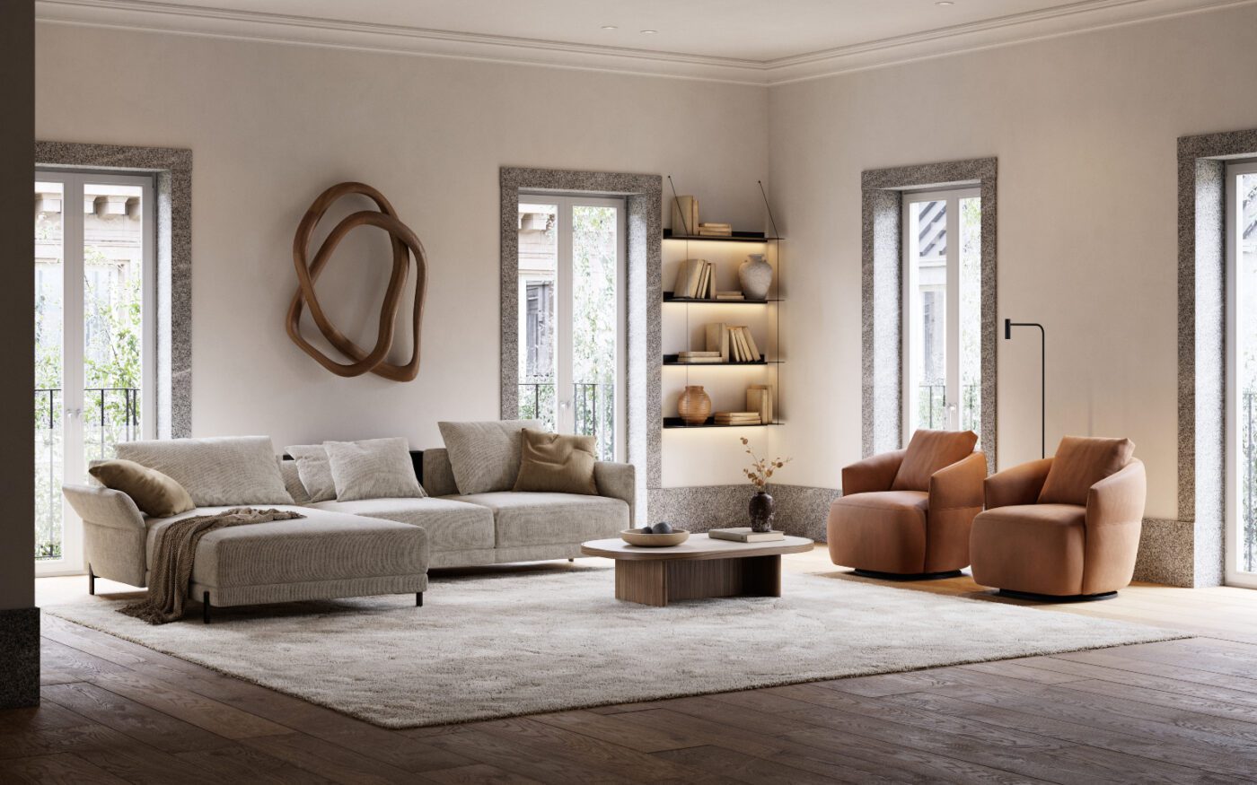 living room with matthew sofa and alice armchairs A modern social space design showcasing a sofa, armchairs and a plush rug, creating an inviting atmosphere.