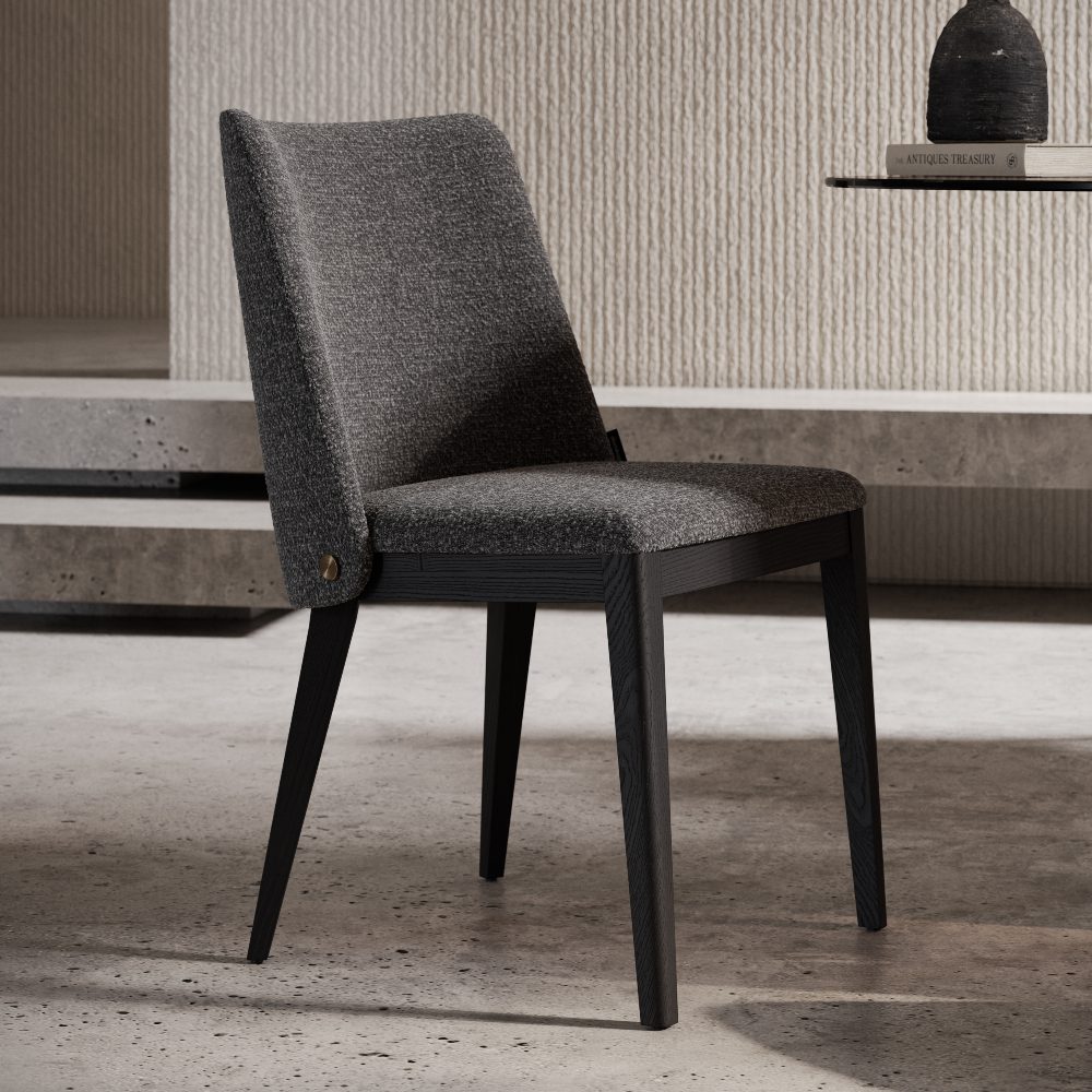 A contemporary chair with a black wooden frame and a soft gray upholstered seat, ideal for modern home offices.