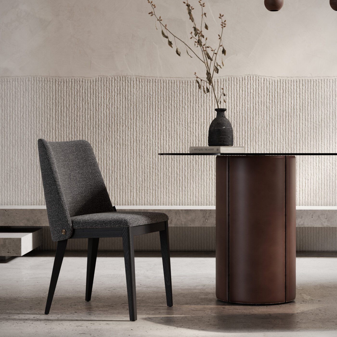 louise chair in dining room A room featuring a table and dining chair in front of a wall, showcasing a straightforward and uncluttered interior space. In 2025 interior design trends.