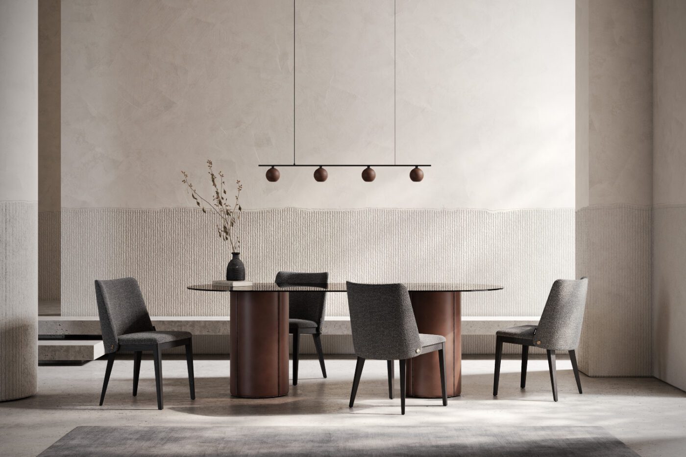 louise dining chairs and mano dining table in a dining room space