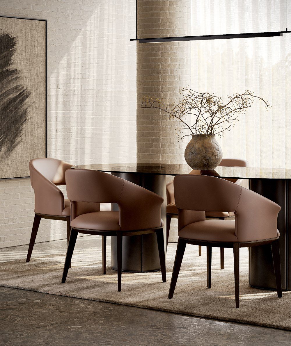 mano dining table and Pantone A contemporary dining room featuring a stylish table surrounded by elegant chairs, showcasing a modern aesthetic.